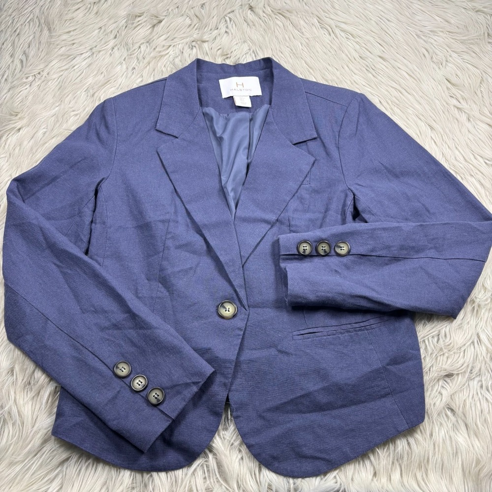 Halston‎ Women's S Blue Gray Linen Blend Blaser Jacket Preppy Career Office